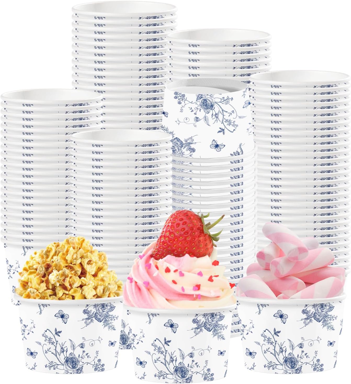 120Pcs 12oz Blue Floral Ice Cream Cups Disposable Dessert Bowls - Grencian