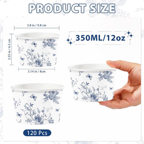 120Pcs 12oz Blue Floral Ice Cream Cups Disposable Dessert Bowls - Grencian