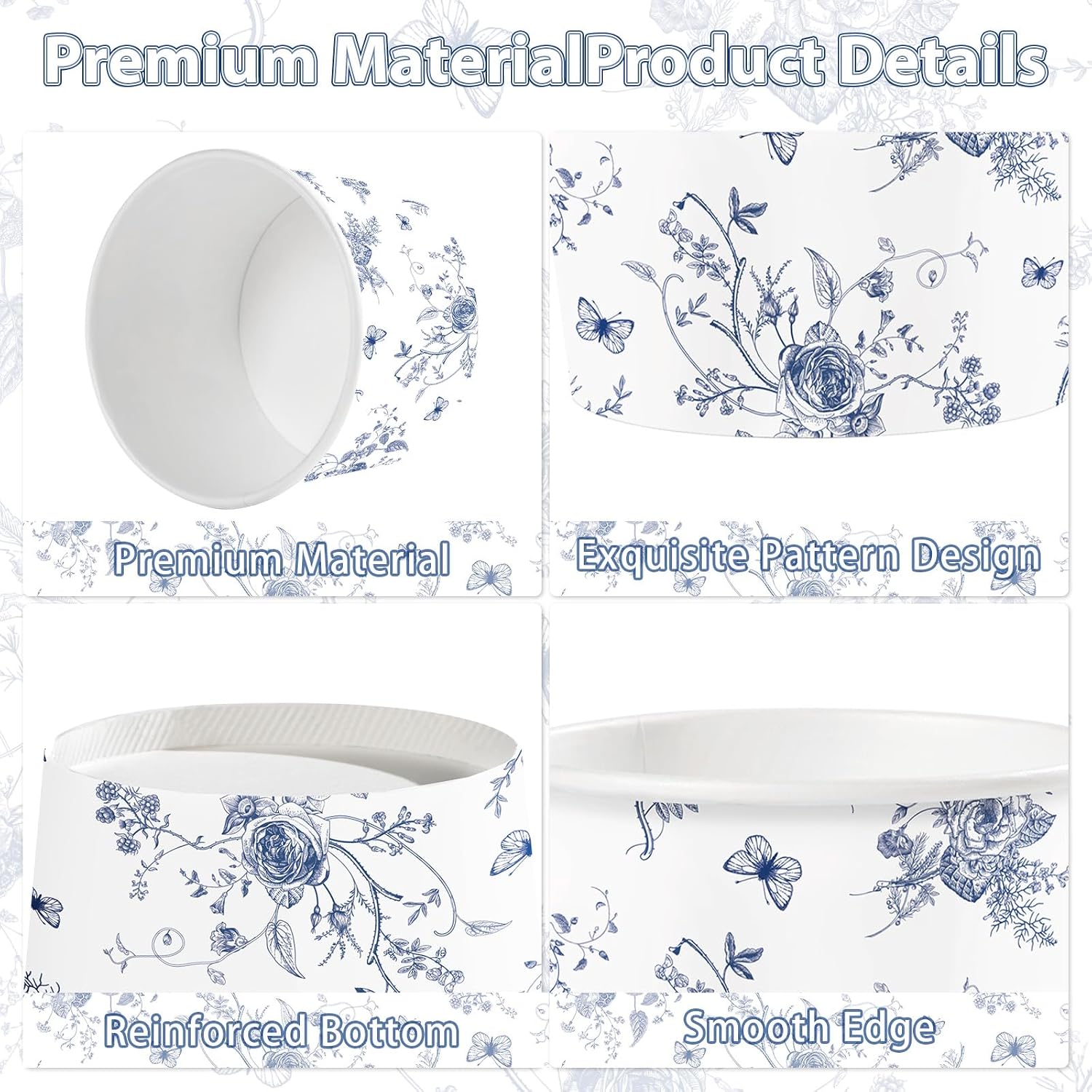 120Pcs 12oz Blue Floral Ice Cream Cups Disposable Dessert Bowls - Grencian