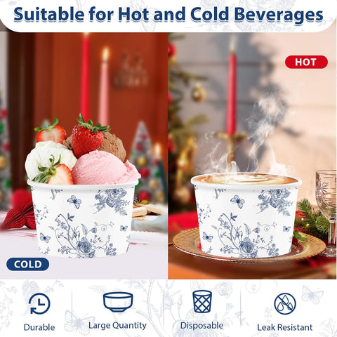 120Pcs 12oz Blue Floral Ice Cream Cups Disposable Dessert Bowls - Grencian