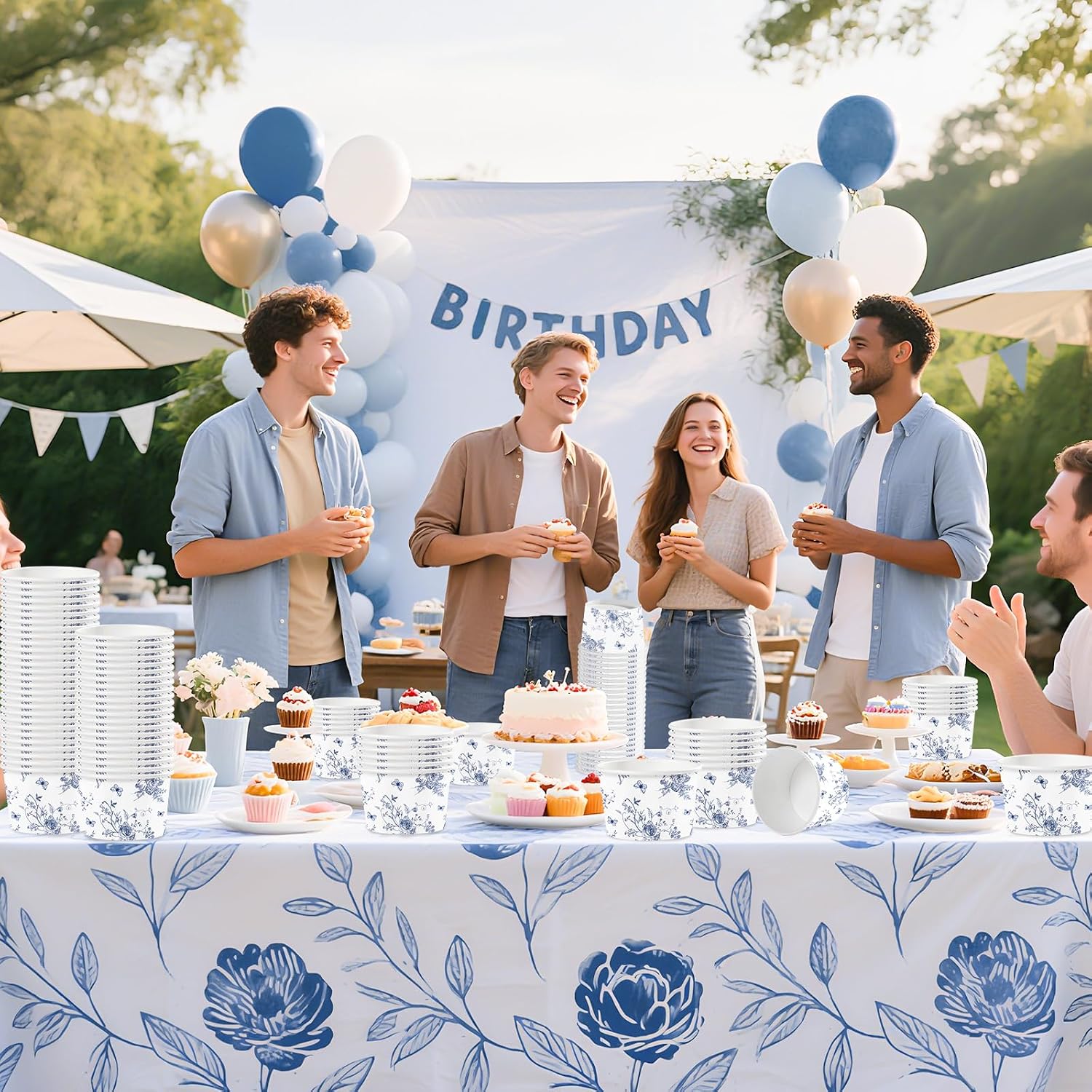 120Pcs 12oz Blue Floral Ice Cream Cups Disposable Dessert Bowls - Grencian
