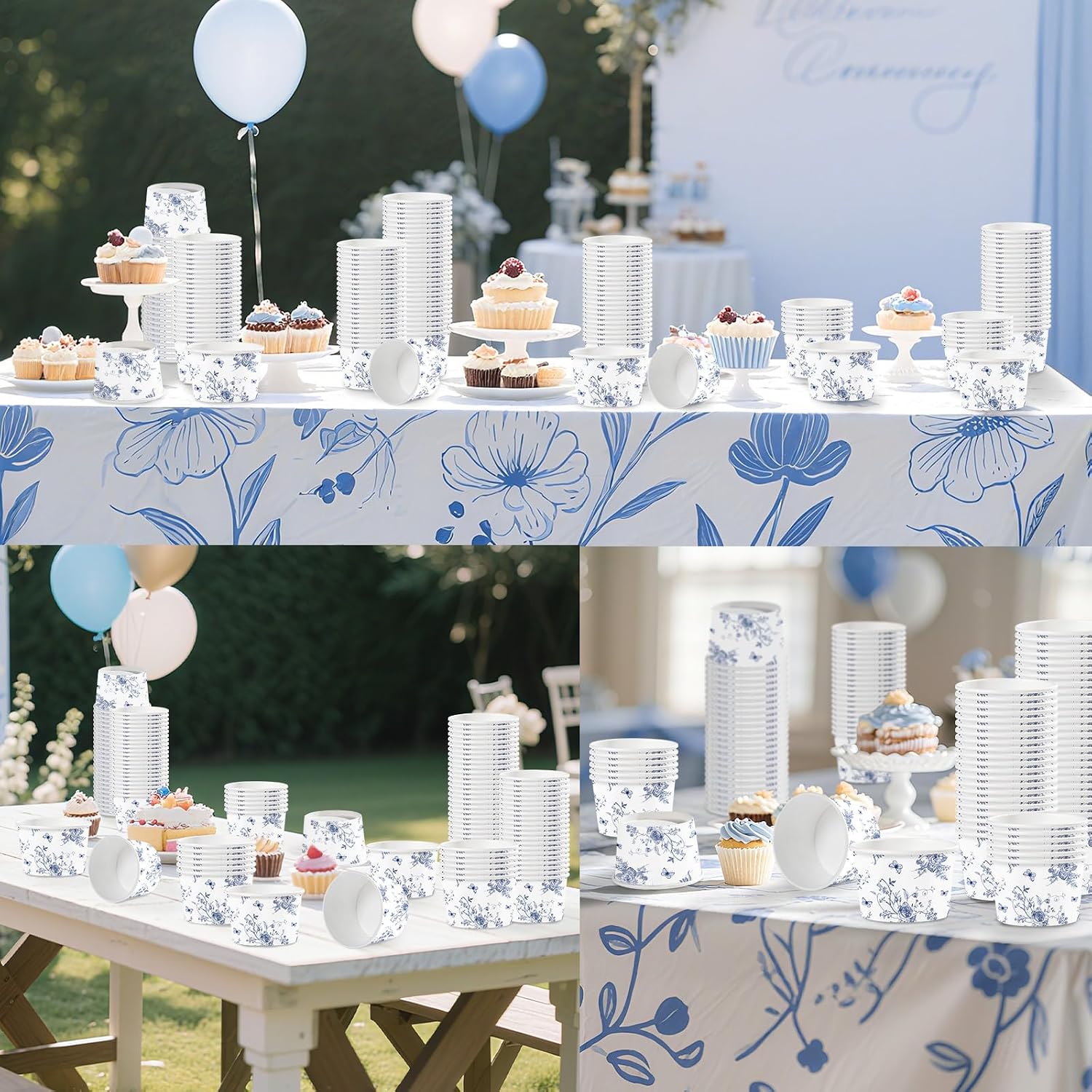 120Pcs 12oz Blue Floral Ice Cream Cups Disposable Dessert Bowls - Grencian