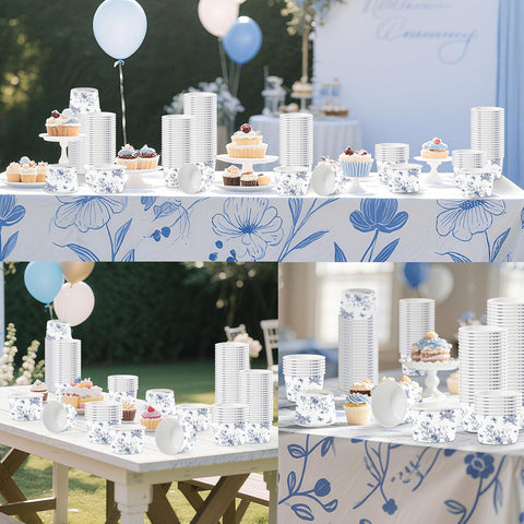 120Pcs 12oz Blue Floral Ice Cream Cups Disposable Dessert Bowls - Grencian