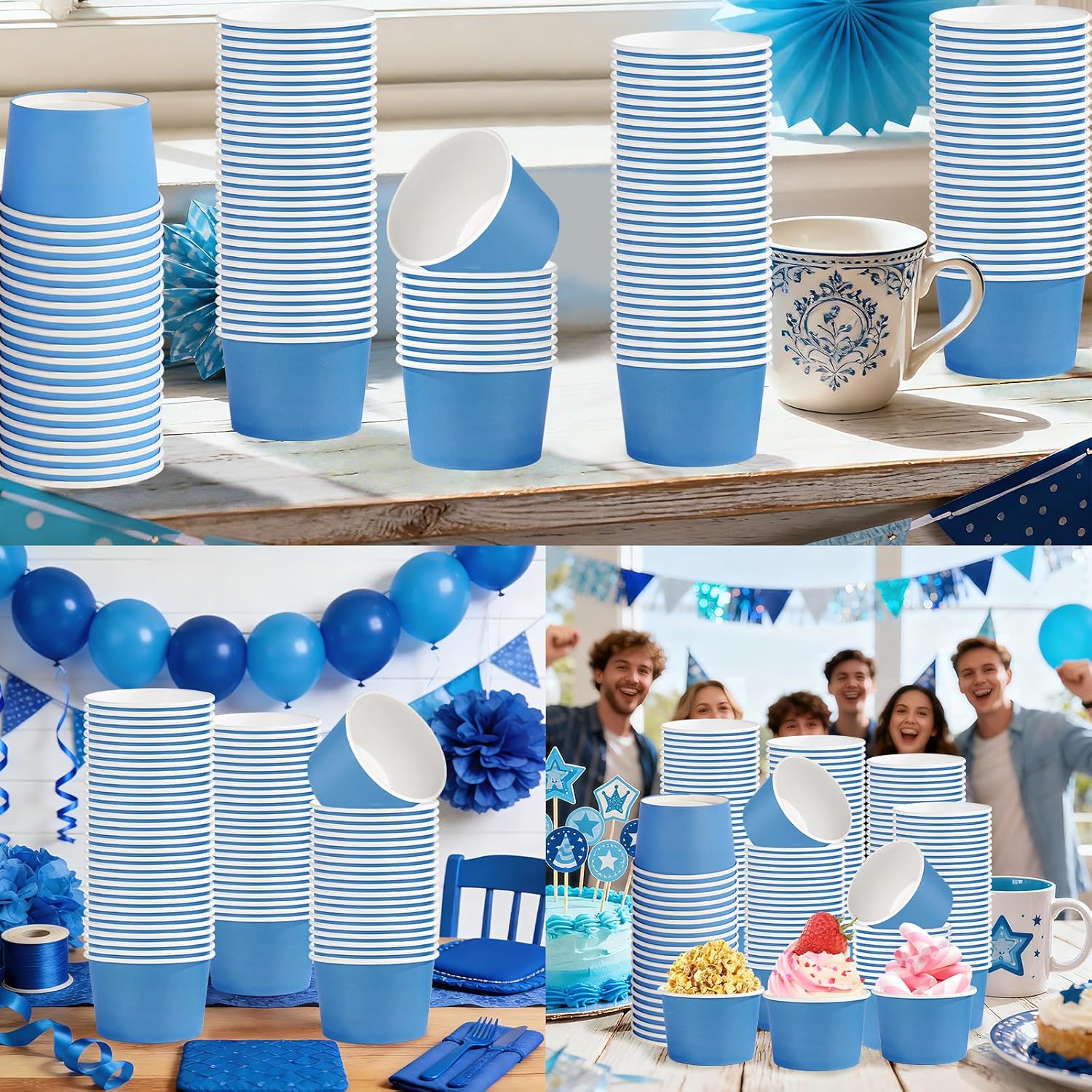 120Pcs 12oz Blue Ice Cream Cups Disposable Dessert Bowls - Grencian
