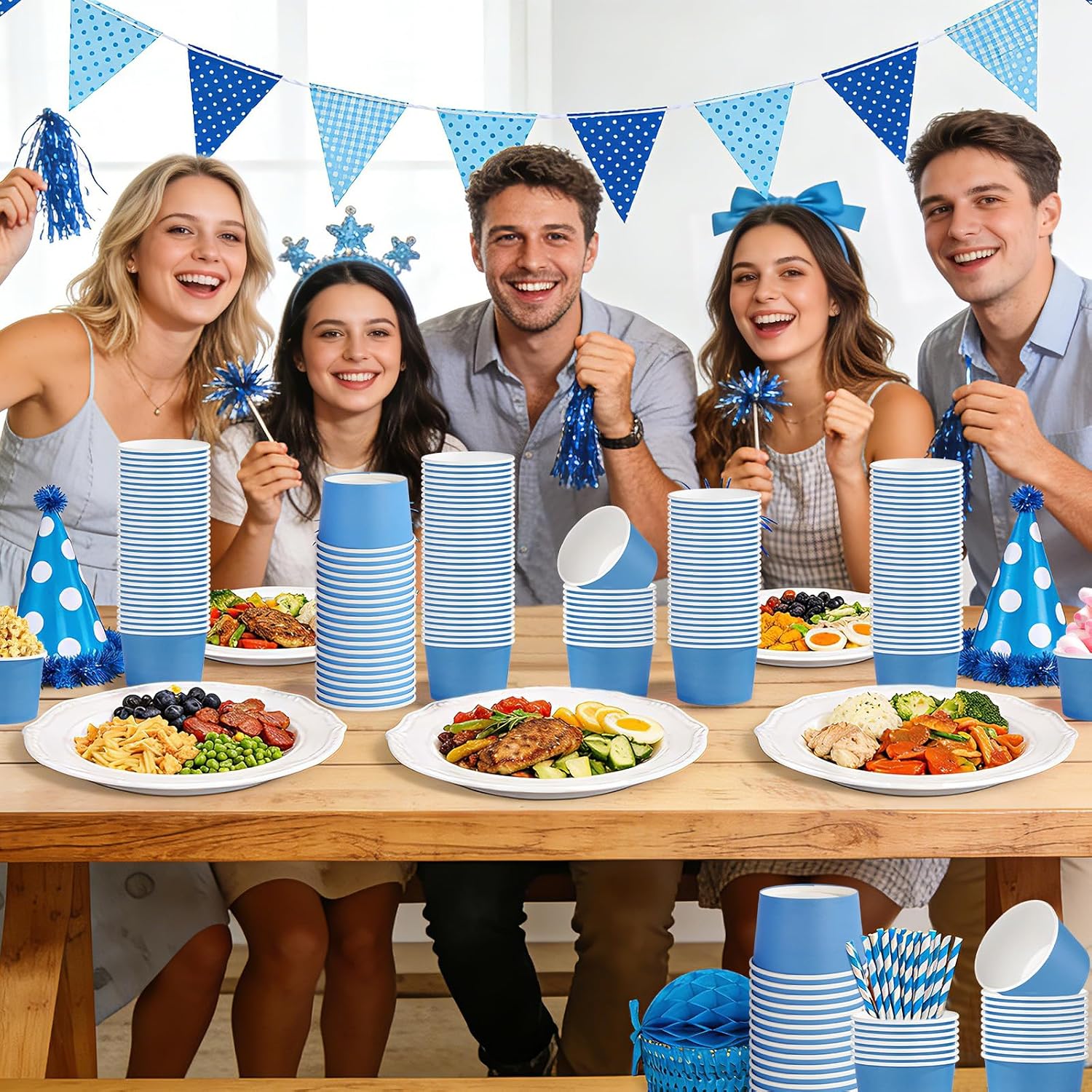 120Pcs 12oz Blue Ice Cream Cups Disposable Dessert Bowls - Grencian
