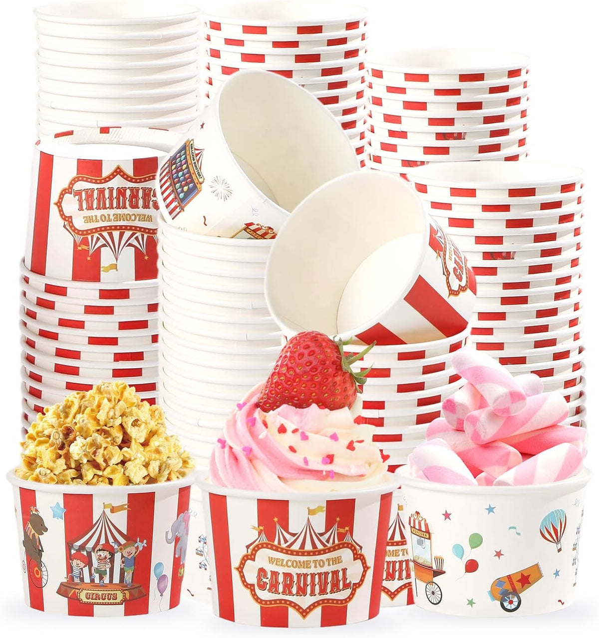 120Pcs 12oz Carnival Theme Ice Cream Cups Disposable Dessert Bowls - Grencian