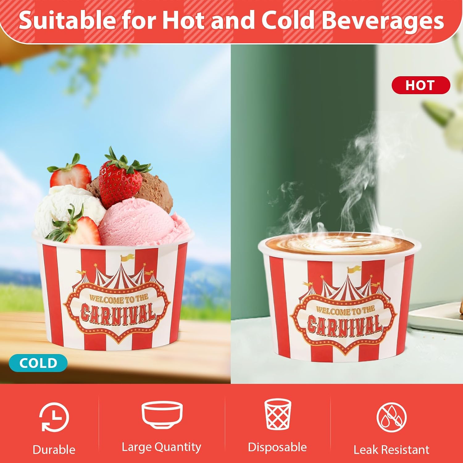 120Pcs 12oz Carnival Theme Ice Cream Cups Disposable Dessert Bowls - Grencian