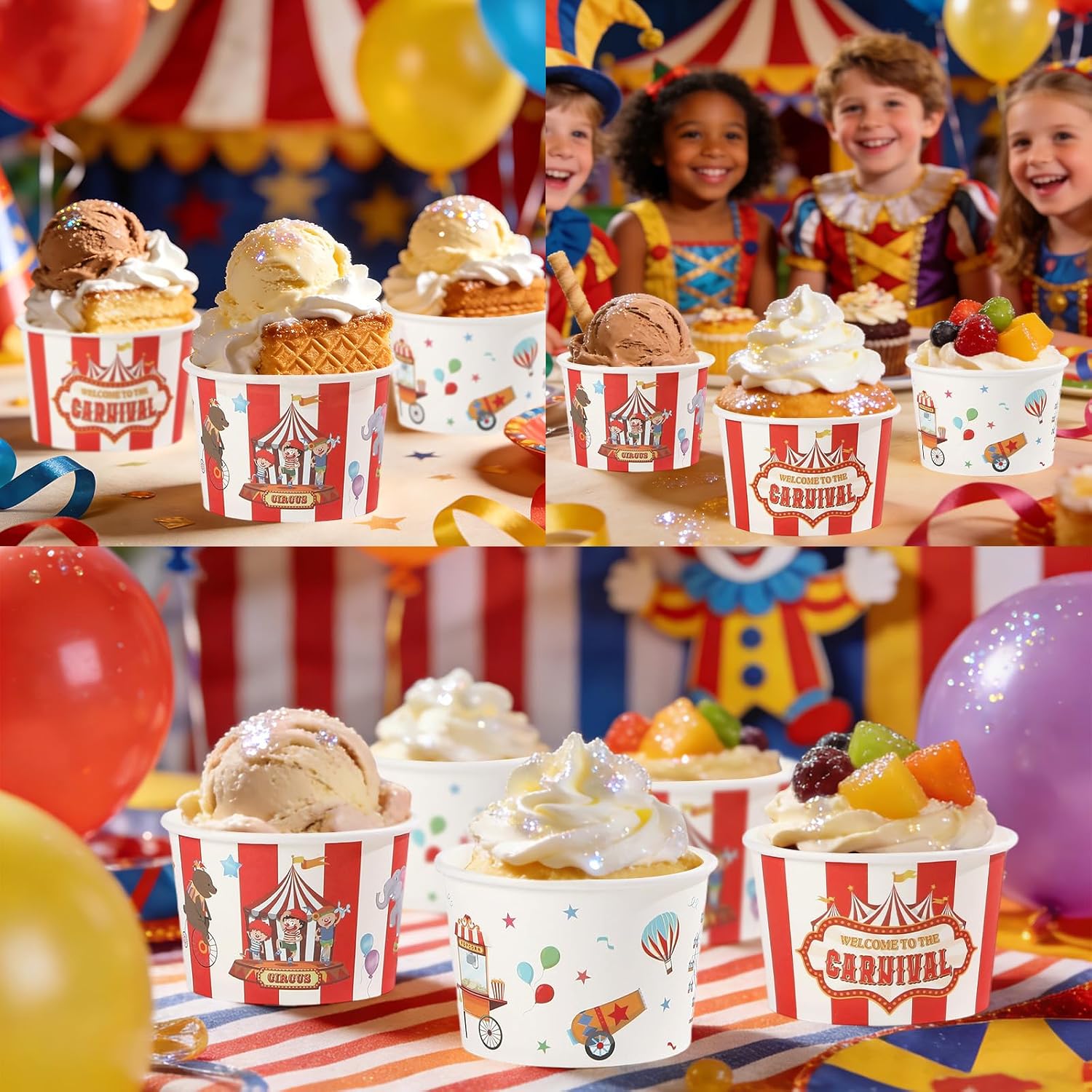 120Pcs 12oz Carnival Theme Ice Cream Cups Disposable Dessert Bowls - Grencian