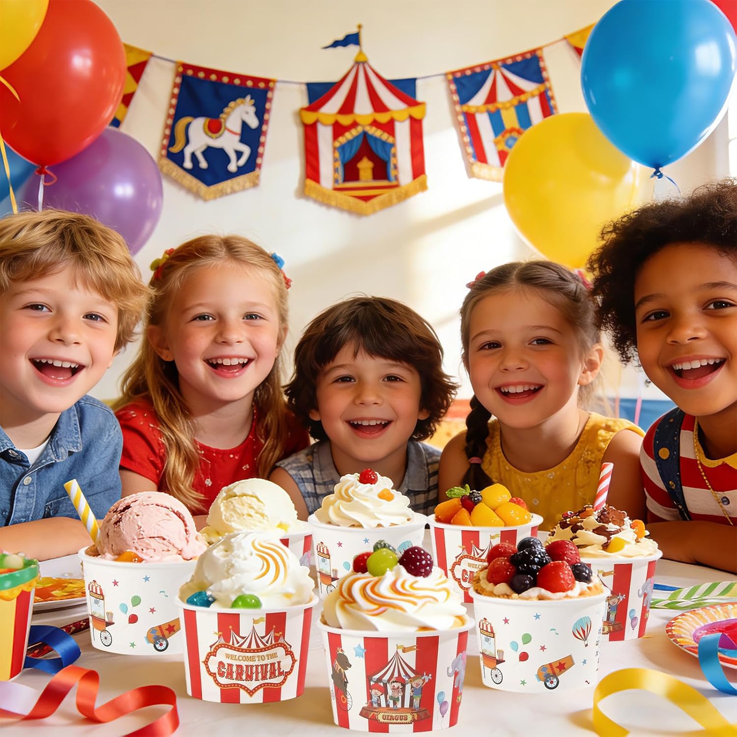 120Pcs 12oz Carnival Theme Ice Cream Cups Disposable Dessert Bowls - Grencian
