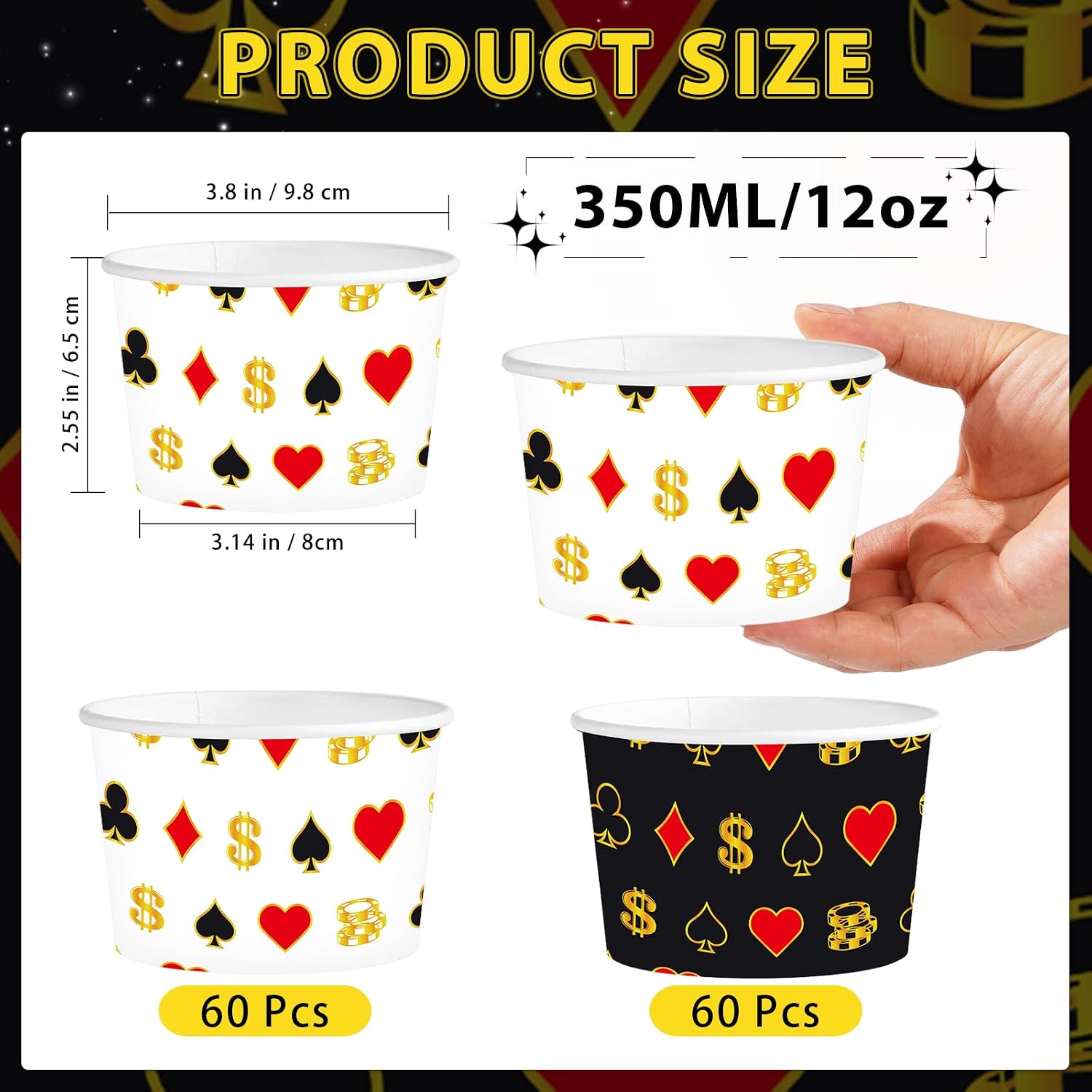 120Pcs 12oz Casino Theme Ice Cream Cups Disposable Dessert Bowls - Grencian