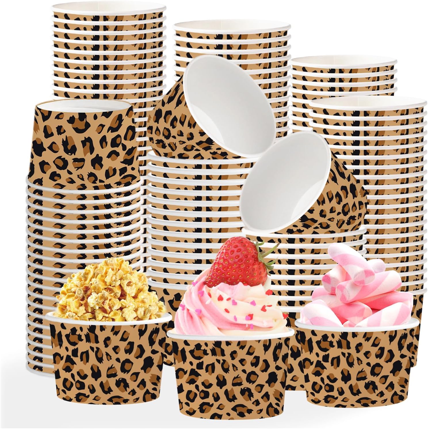 120Pcs 12oz Cheetah Leopard Print Ice Cream Cups Disposable Dessert Bowls - Grencian