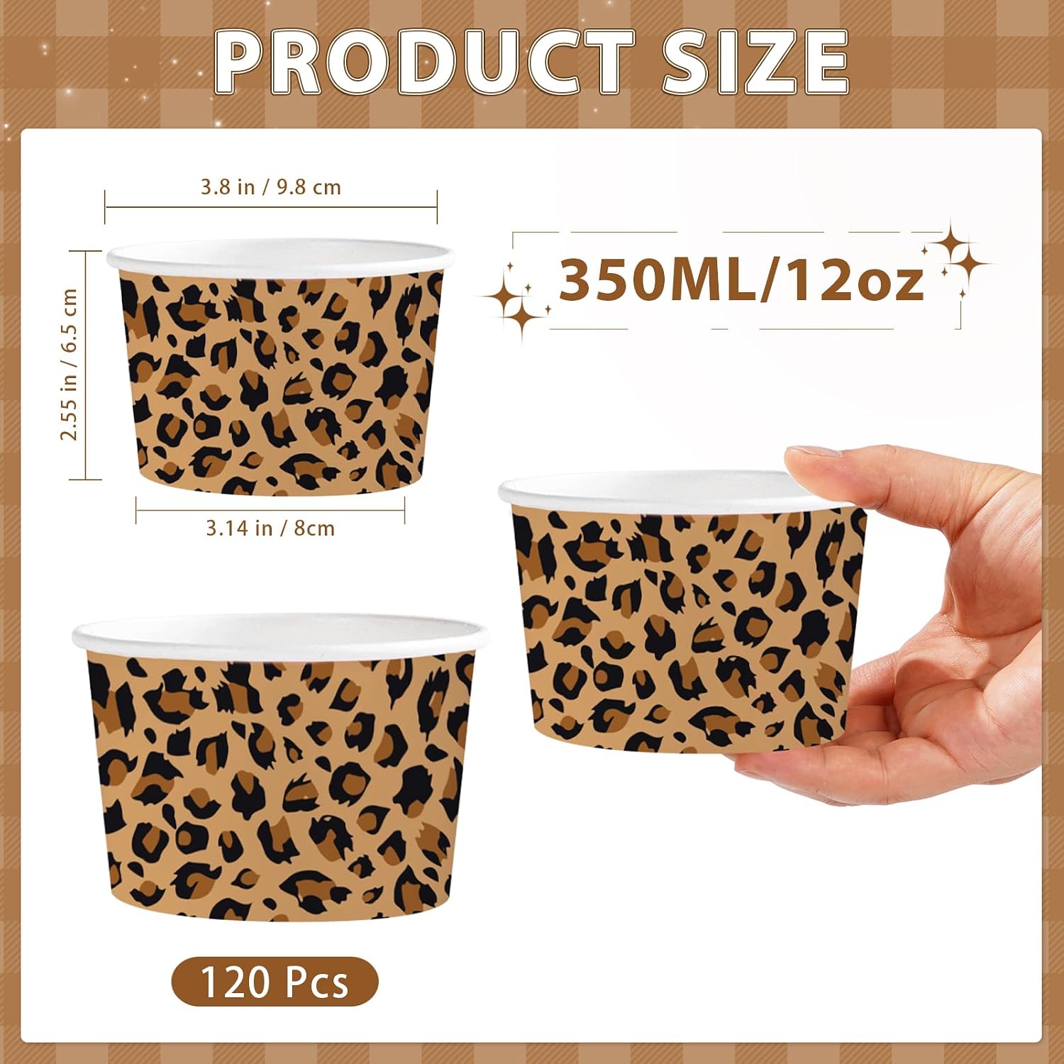 120Pcs 12oz Cheetah Leopard Print Ice Cream Cups Disposable Dessert Bowls - Grencian