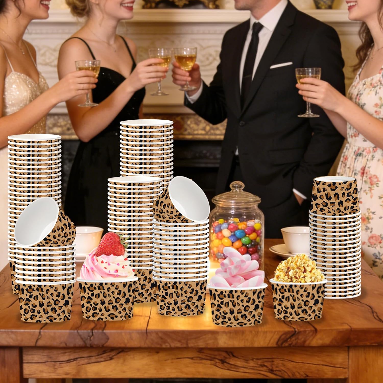 120Pcs 12oz Cheetah Leopard Print Ice Cream Cups Disposable Dessert Bowls - Grencian