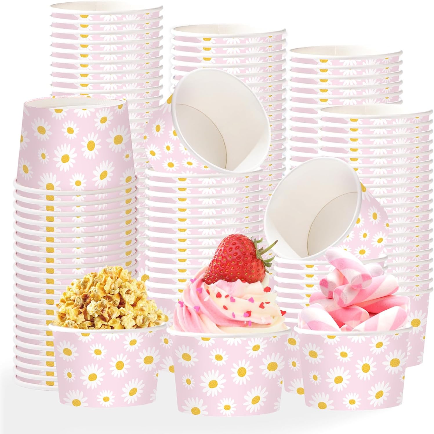 120Pcs 12oz Daisy Birthday Ice Cream Cups Disposable Dessert Bowls - Grencian