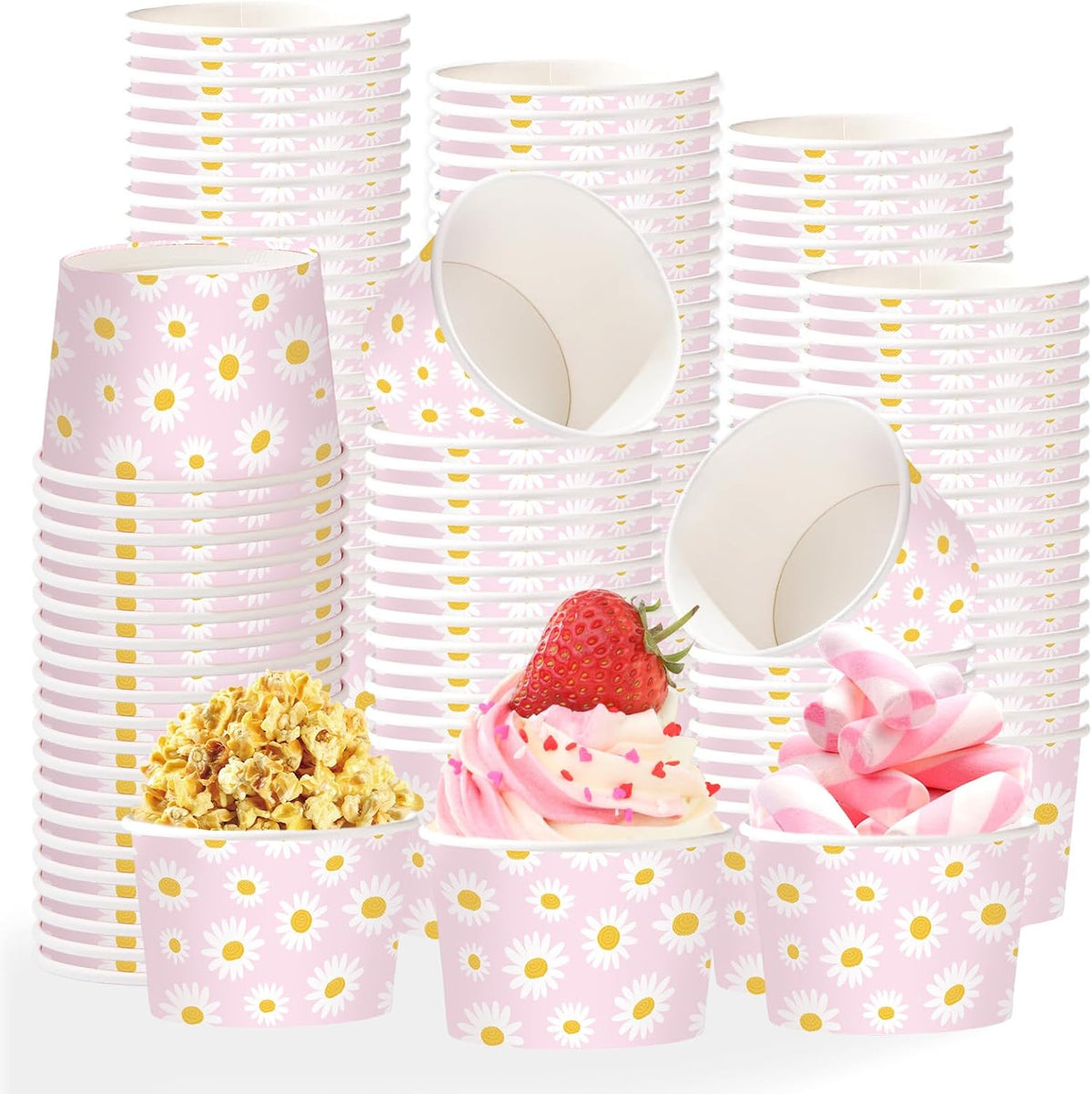 120Pcs 12oz Daisy Birthday Ice Cream Cups Disposable Dessert Bowls - Grencian