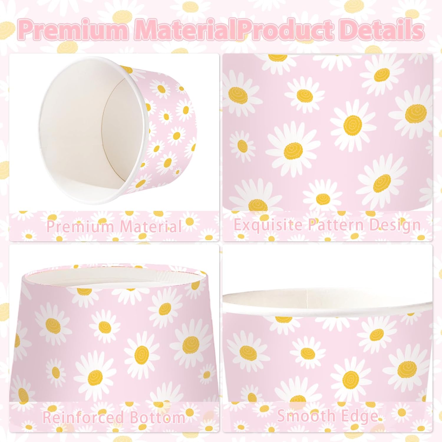 120Pcs 12oz Daisy Birthday Ice Cream Cups Disposable Dessert Bowls - Grencian