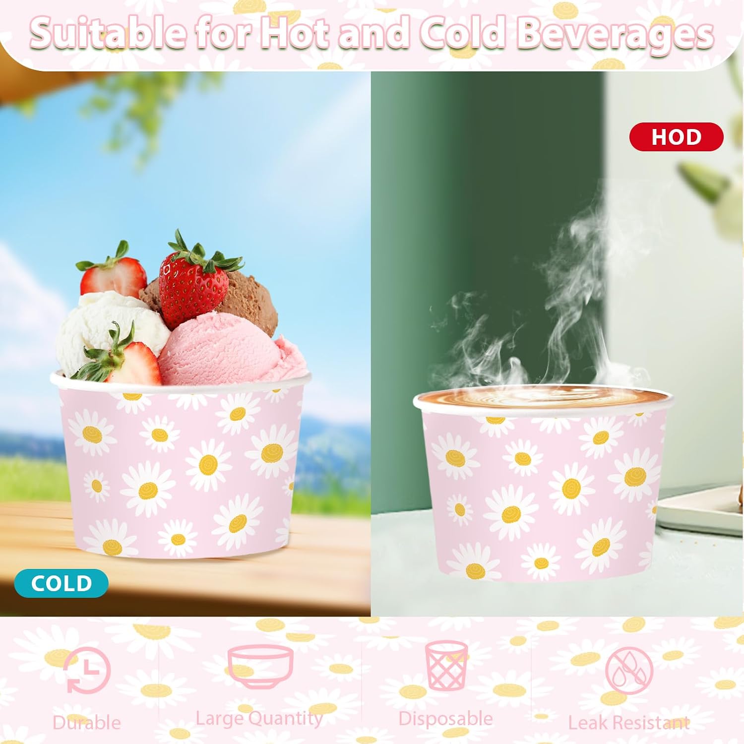 120Pcs 12oz Daisy Birthday Ice Cream Cups Disposable Dessert Bowls - Grencian
