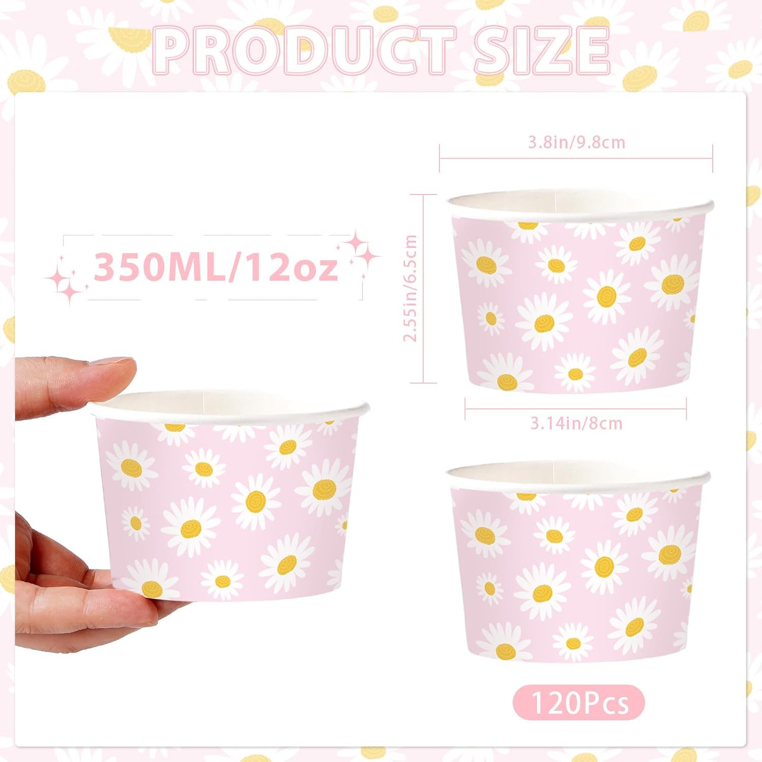 120Pcs 12oz Daisy Birthday Ice Cream Cups Disposable Dessert Bowls - Grencian