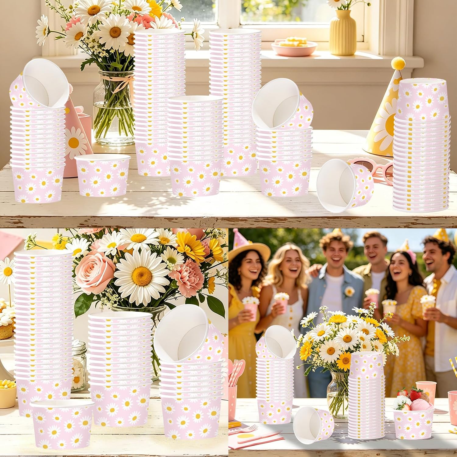 120Pcs 12oz Daisy Birthday Ice Cream Cups Disposable Dessert Bowls - Grencian