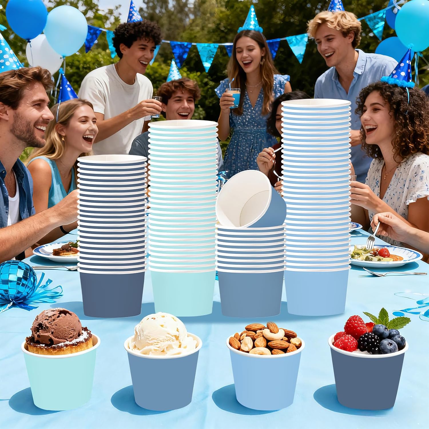 120Pcs 12oz Dusty Blue Ice Cream Cups Disposable Dessert Bowls - Grencian
