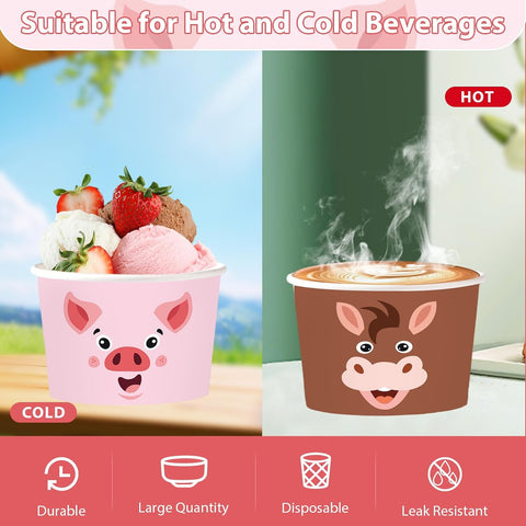 120Pcs 12oz Farm Animals Ice Cream Cups Disposable Dessert Bowls - Grencian