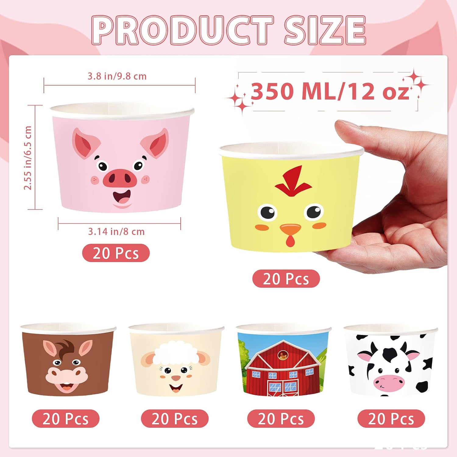 120Pcs 12oz Farm Animals Ice Cream Cups Disposable Dessert Bowls - Grencian