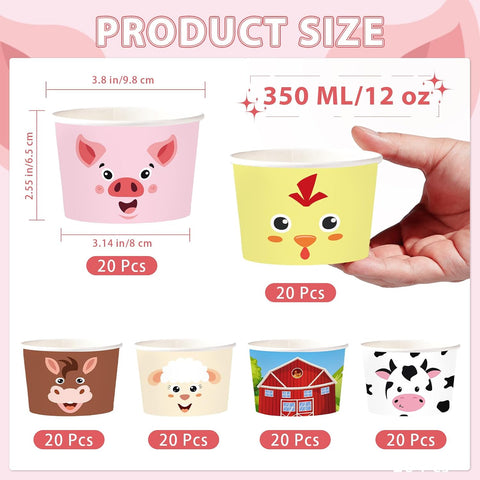 120Pcs 12oz Farm Animals Ice Cream Cups Disposable Dessert Bowls - Grencian