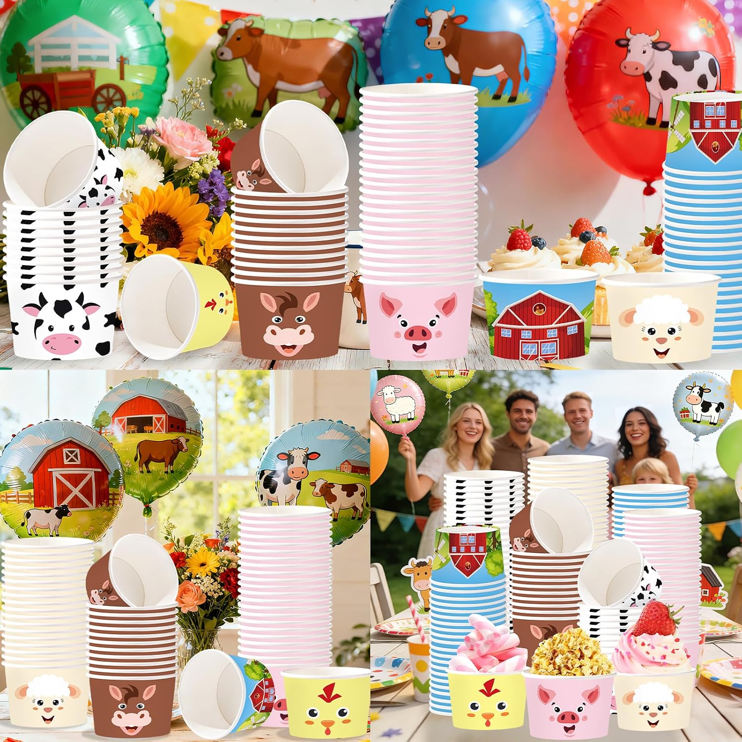 120Pcs 12oz Farm Animals Ice Cream Cups Disposable Dessert Bowls - Grencian
