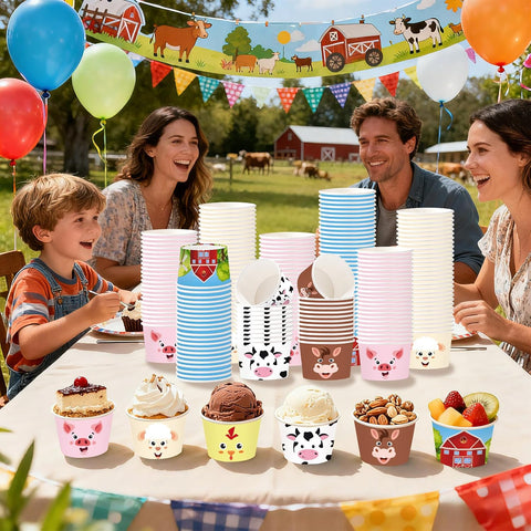 120Pcs 12oz Farm Animals Ice Cream Cups Disposable Dessert Bowls - Grencian