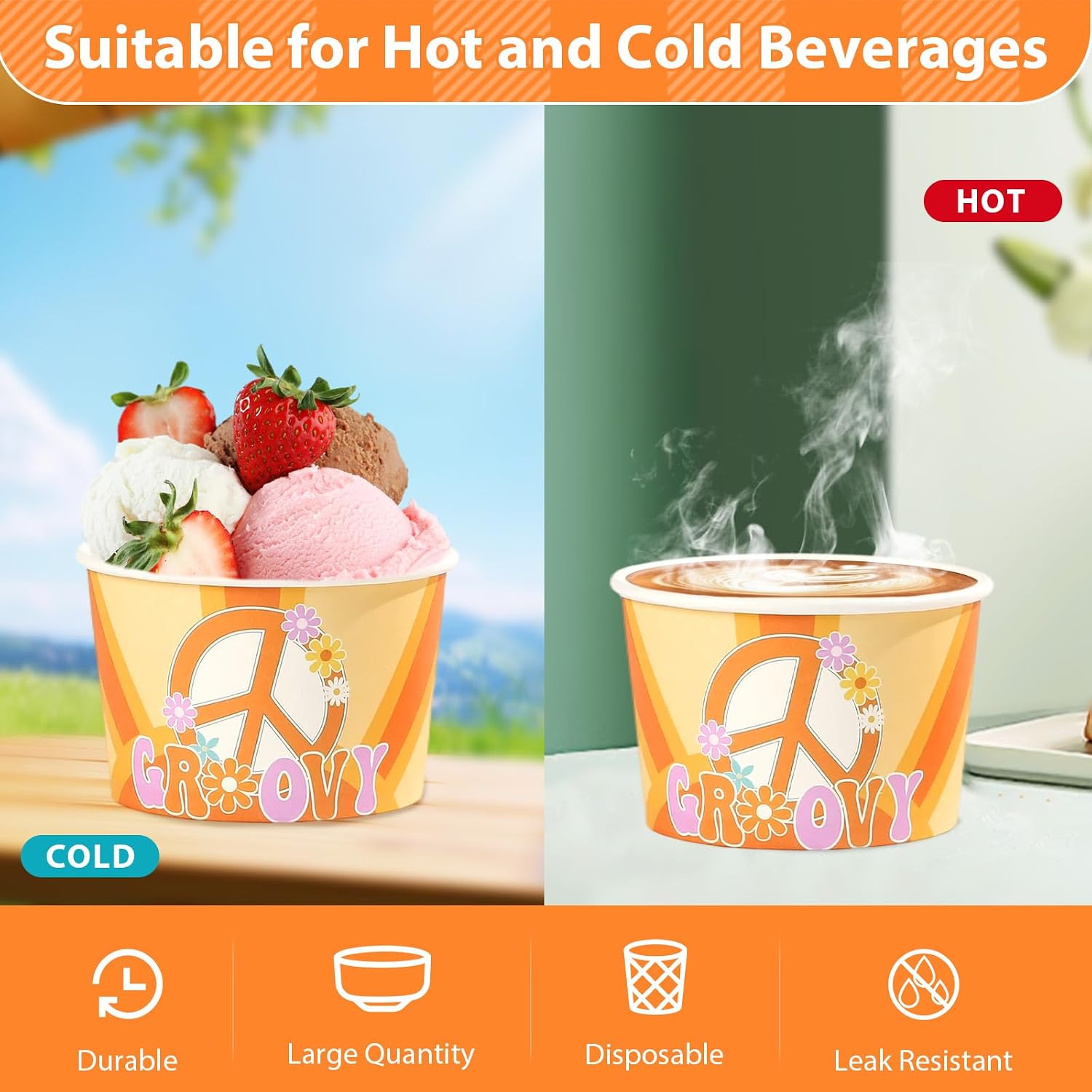 120Pcs 12oz Groovy Ice Cream Cups Retro Hippie Boho Dessert Bowls image 3