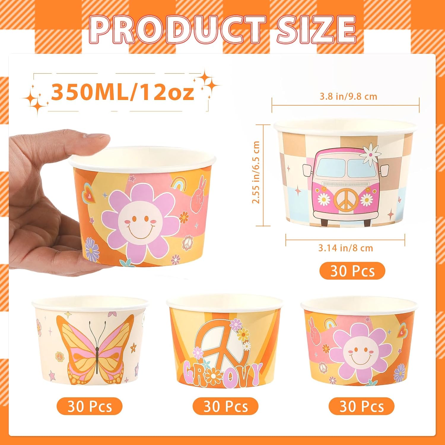 120Pcs 12oz Groovy Ice Cream Cups Retro Hippie Boho Dessert Bowls image 4