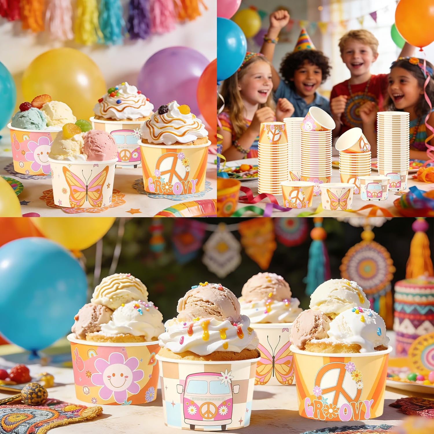 120Pcs 12oz Groovy Ice Cream Cups Retro Hippie Boho Dessert Bowls image 5