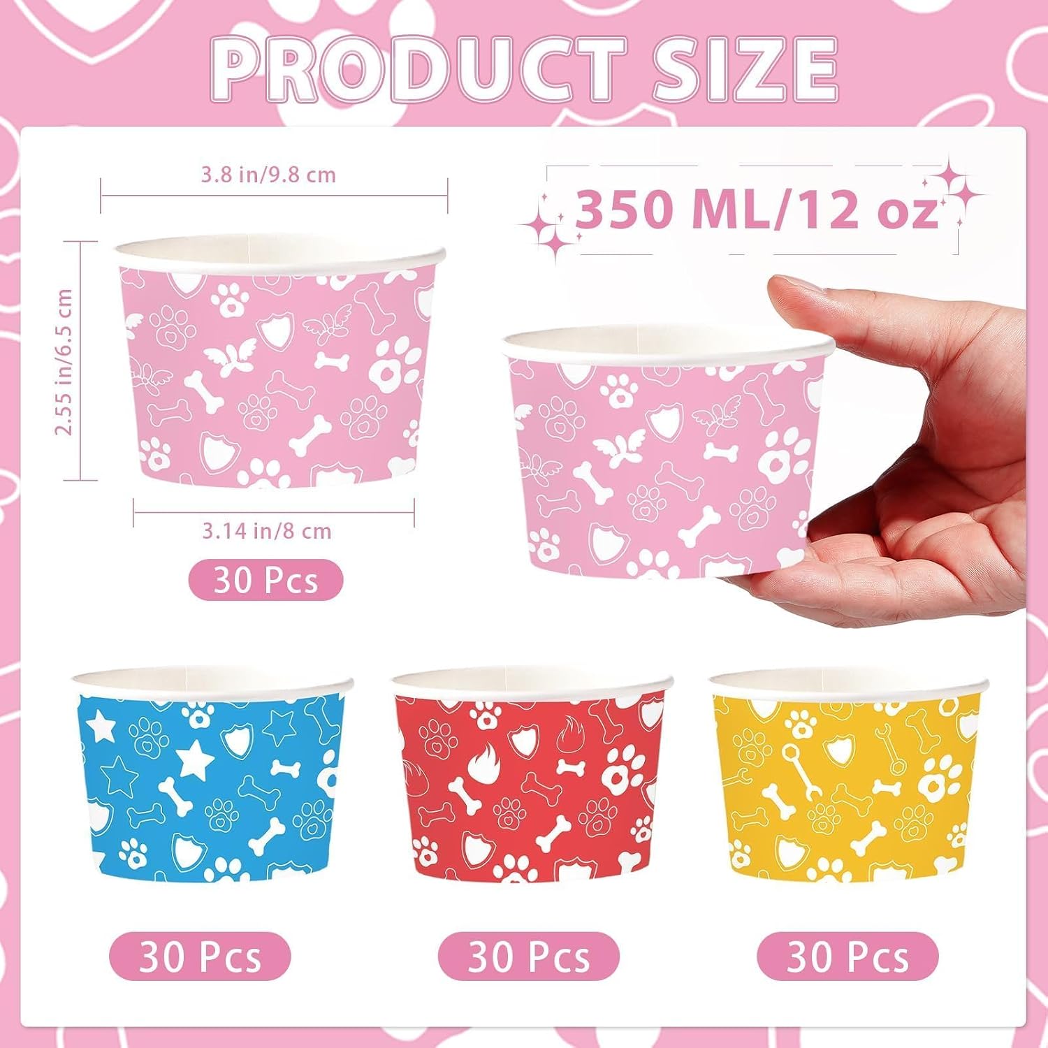 120Pcs 12oz Pet Paw Bone Ice Cream Cups Puppy Paw Print Dessert Bowls image 4