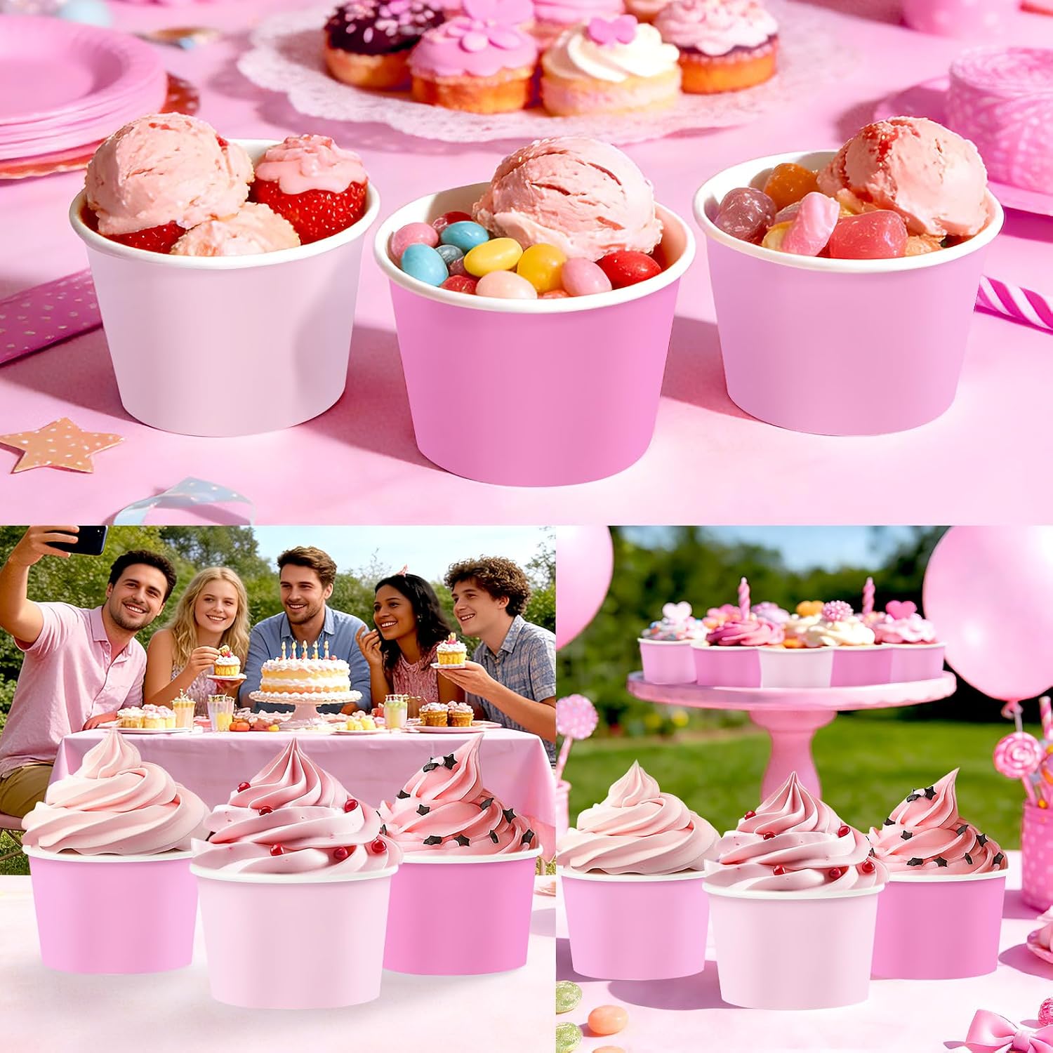 120Pcs 12oz Pink Ice Cream Cups Gradient Pink Dessert Bowls image 5