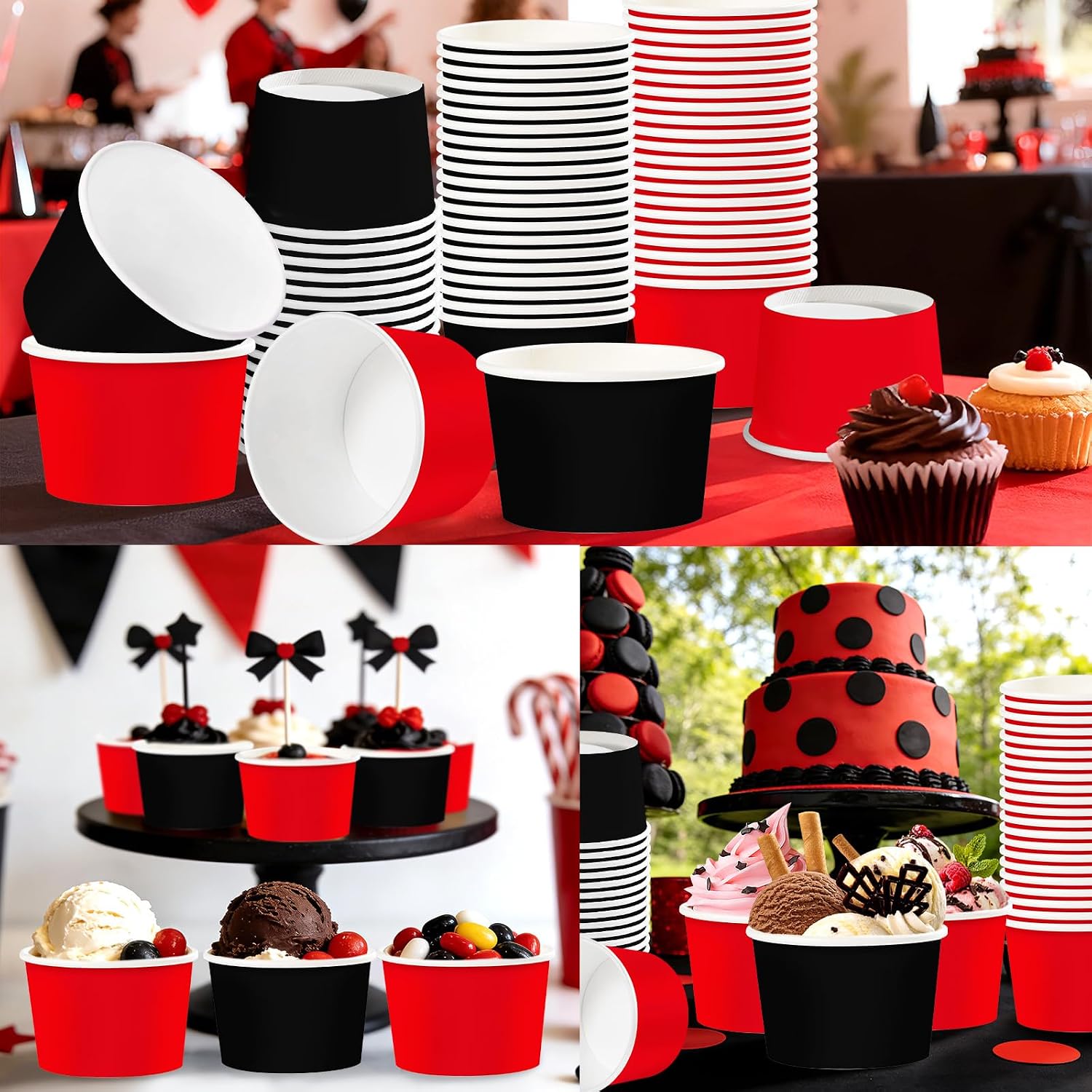 120Pcs 12oz Red and Black Ice Cream Cups Solid Color Dessert Bowls image 5