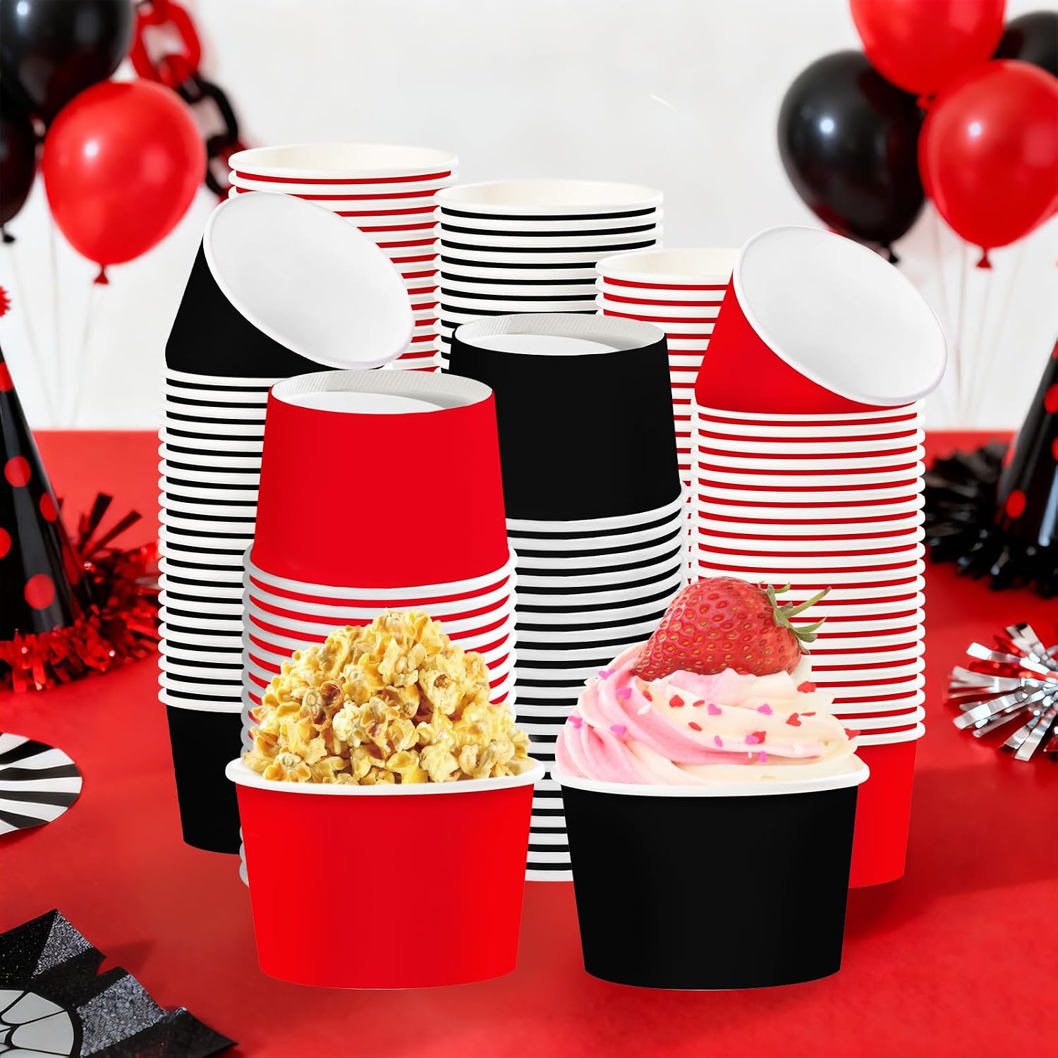 120Pcs 12oz Red and Black Ice Cream Cups Solid Color Dessert Bowls image 6