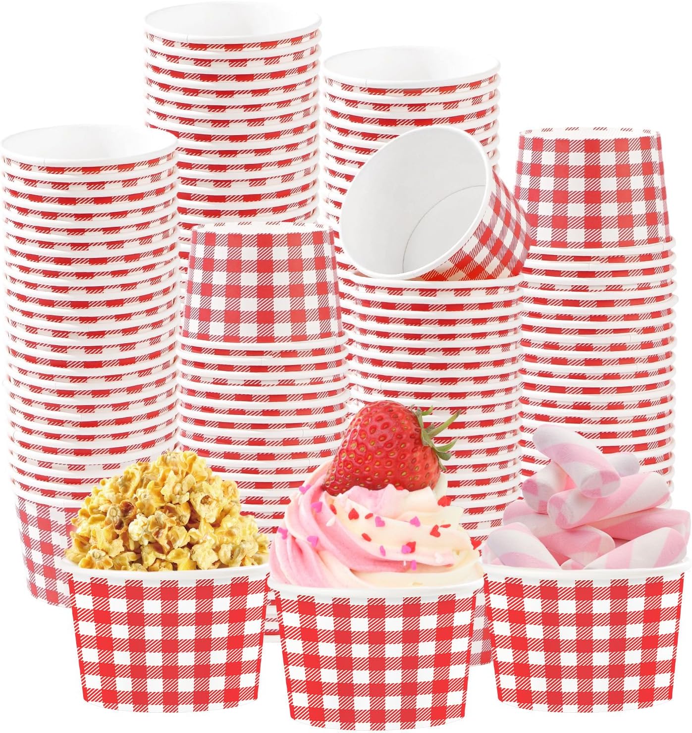 120Pcs 12oz Red and White Gingham Ice Cream Cups Checkered Dessert Bowls image 1