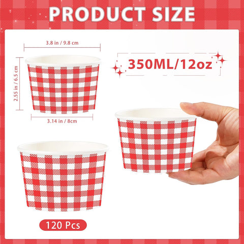 120Pcs 12oz Red and White Gingham Ice Cream Cups Checkered Dessert Bowls image 2