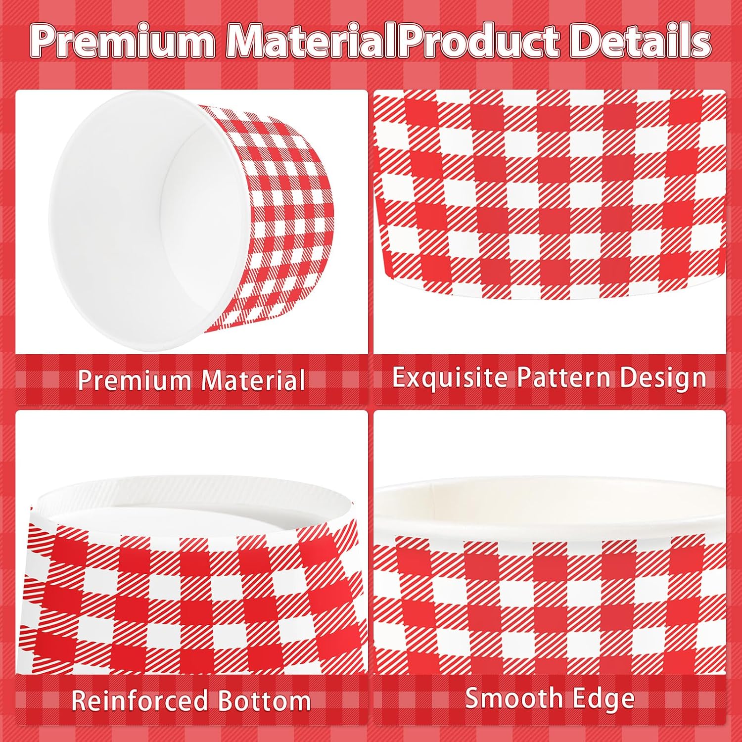 120Pcs 12oz Red and White Gingham Ice Cream Cups Checkered Dessert Bowls image 3