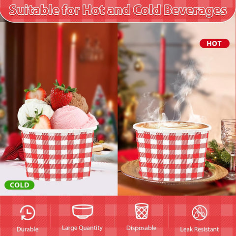 120Pcs 12oz Red and White Gingham Ice Cream Cups Checkered Dessert Bowls image 4