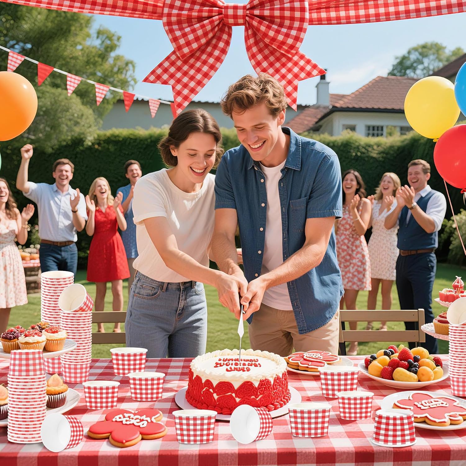 120Pcs 12oz Red and White Gingham Ice Cream Cups Checkered Dessert Bowls image 5