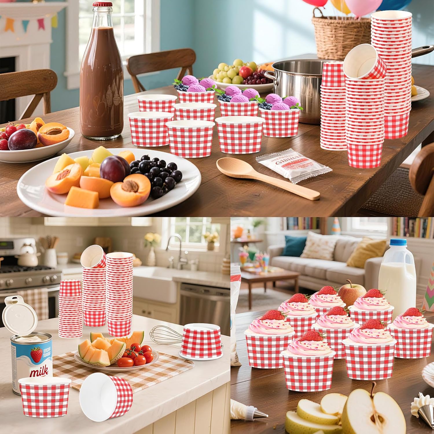 120Pcs 12oz Red and White Gingham Ice Cream Cups Checkered Dessert Bowls image 6