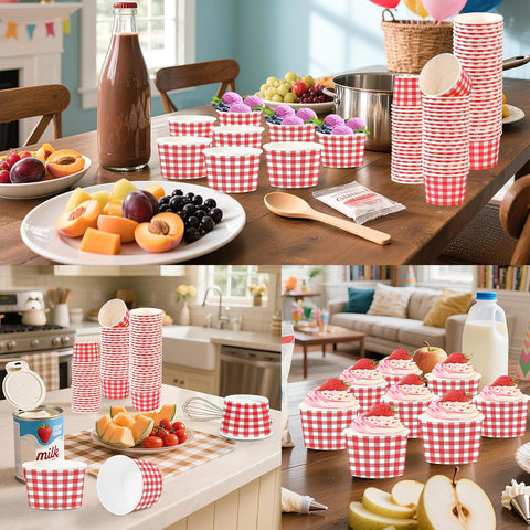 120Pcs 12oz Red and White Gingham Ice Cream Cups Checkered Dessert Bowls image 6