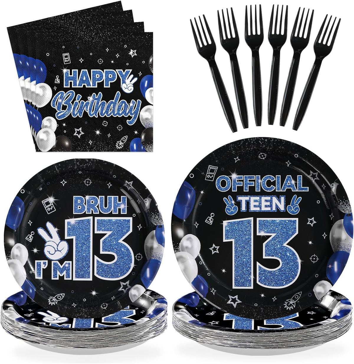 96 Pcs Blue Black 13th Birthday Party Plates and Napkins - Grencian