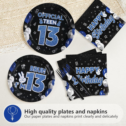 96 Pcs Blue Black 13th Birthday Party Plates and Napkins - Grencian