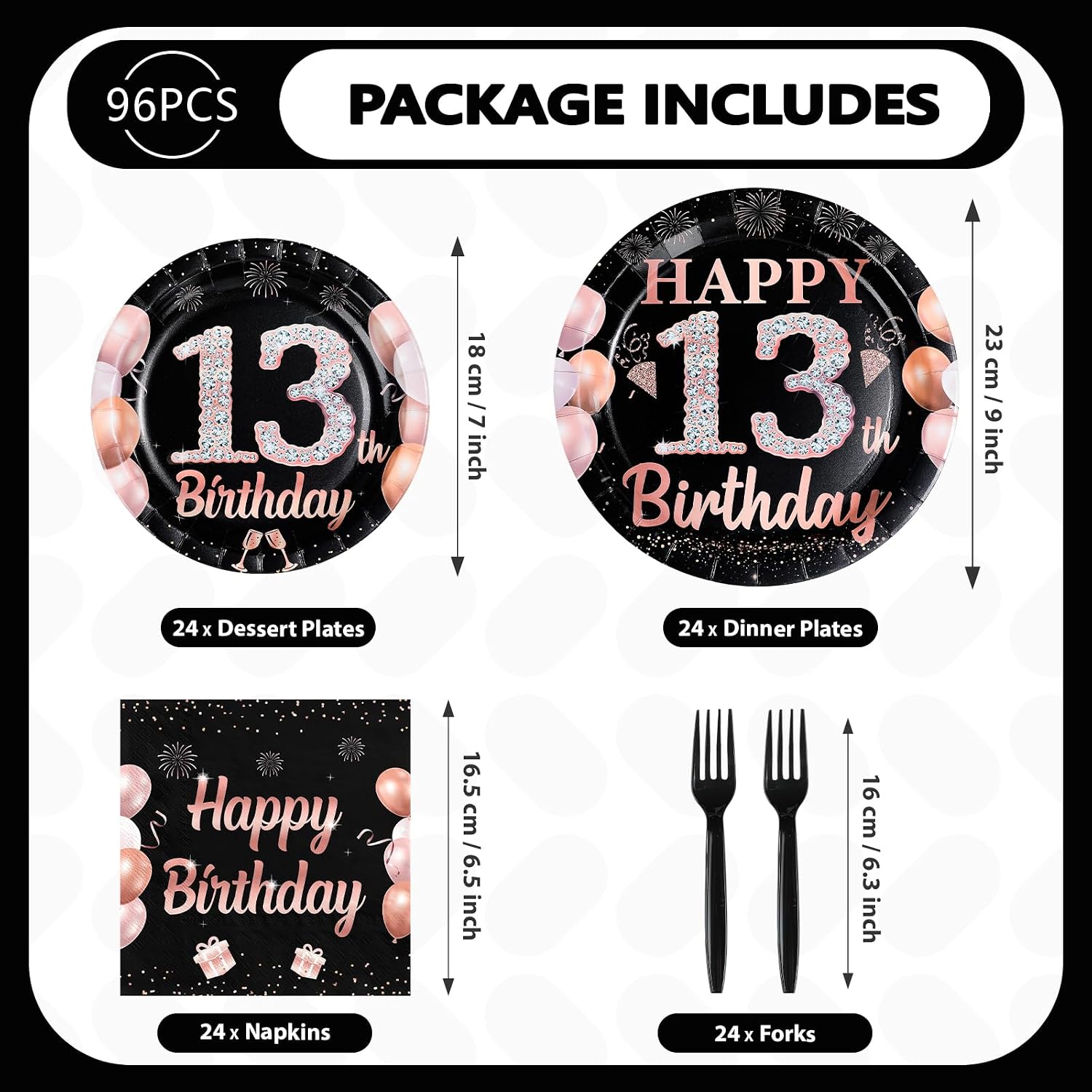 96 Pcs Black Pink 13th Birthday Party Plates and Napkins - Grencian