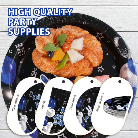 96 Pcs Blue Black 13th Birthday Party Plates and Napkins - Grencian
