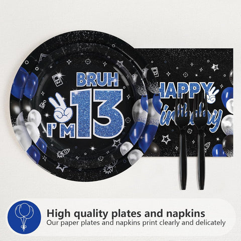 96 Pcs Blue Black 13th Birthday Party Plates and Napkins - Grencian