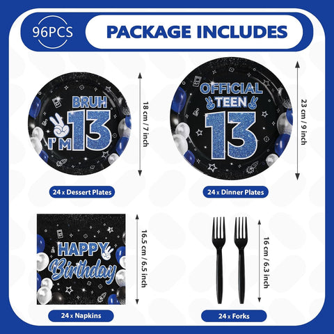 96 Pcs Blue Black 13th Birthday Party Plates and Napkins - Grencian