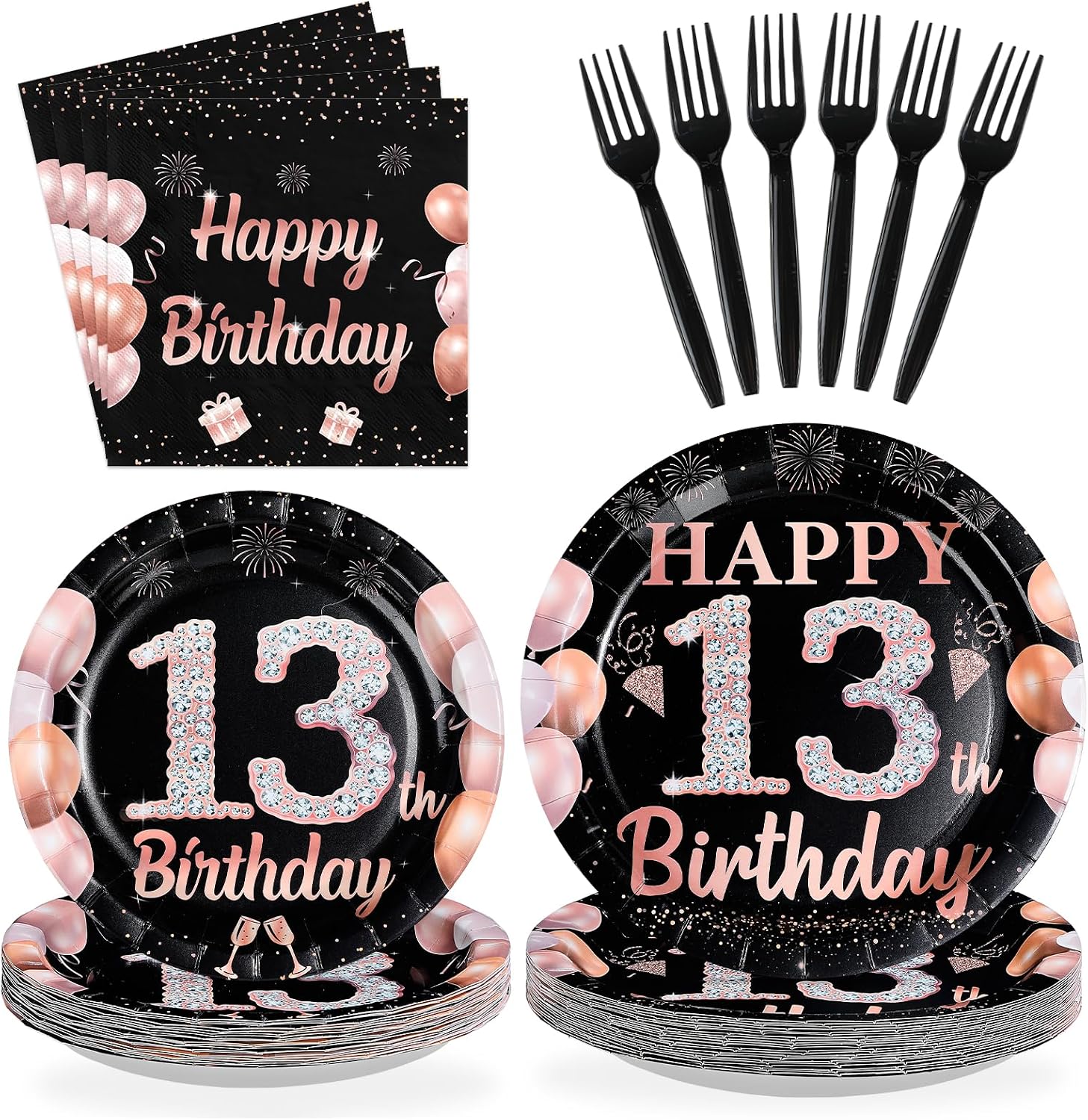 96 Pcs Black Pink 13th Birthday Party Plates and Napkins - Grencian